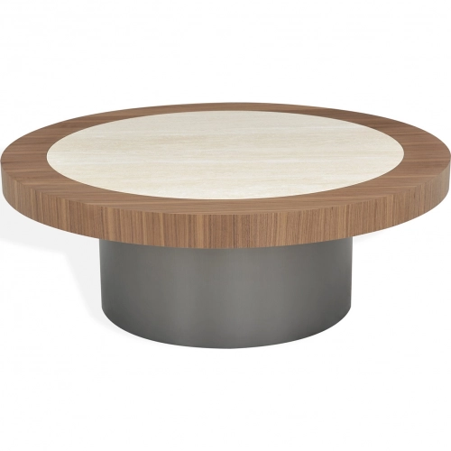 Solstice Coffee Table in Travertine Look Ceramic, Walnut Veneer & Brushed Grey